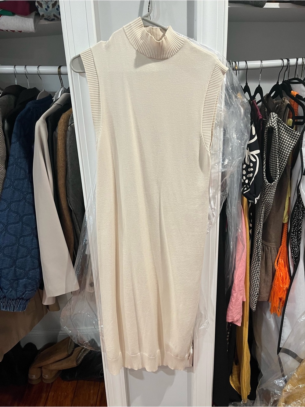 Dynamite Sleeveless Mock Neck Midi Dress in Cream